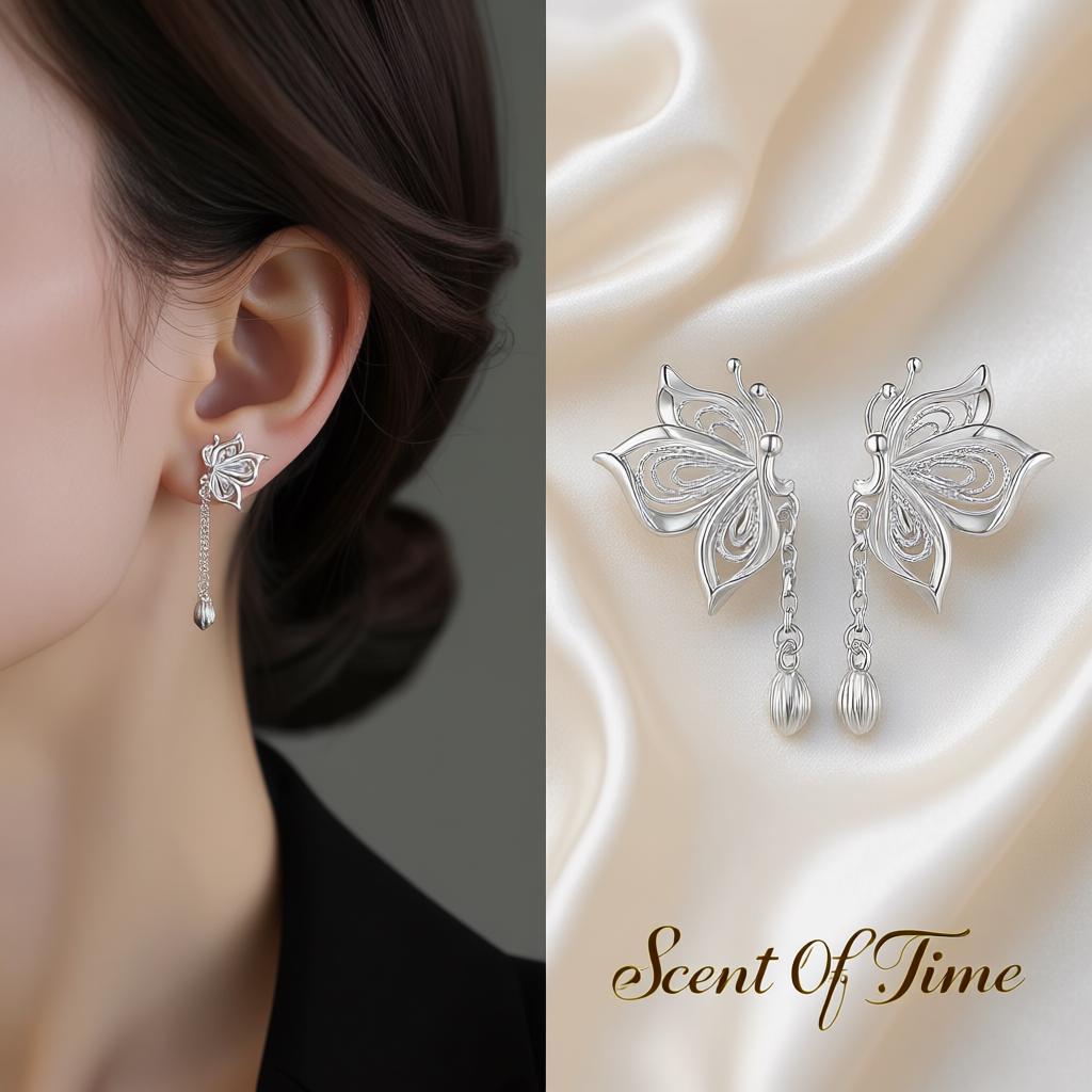 Pure Silver Filigree Butterfly Drop Earrings | Delicate Boho Nature Jewelry Bridesmaid Gift For Her