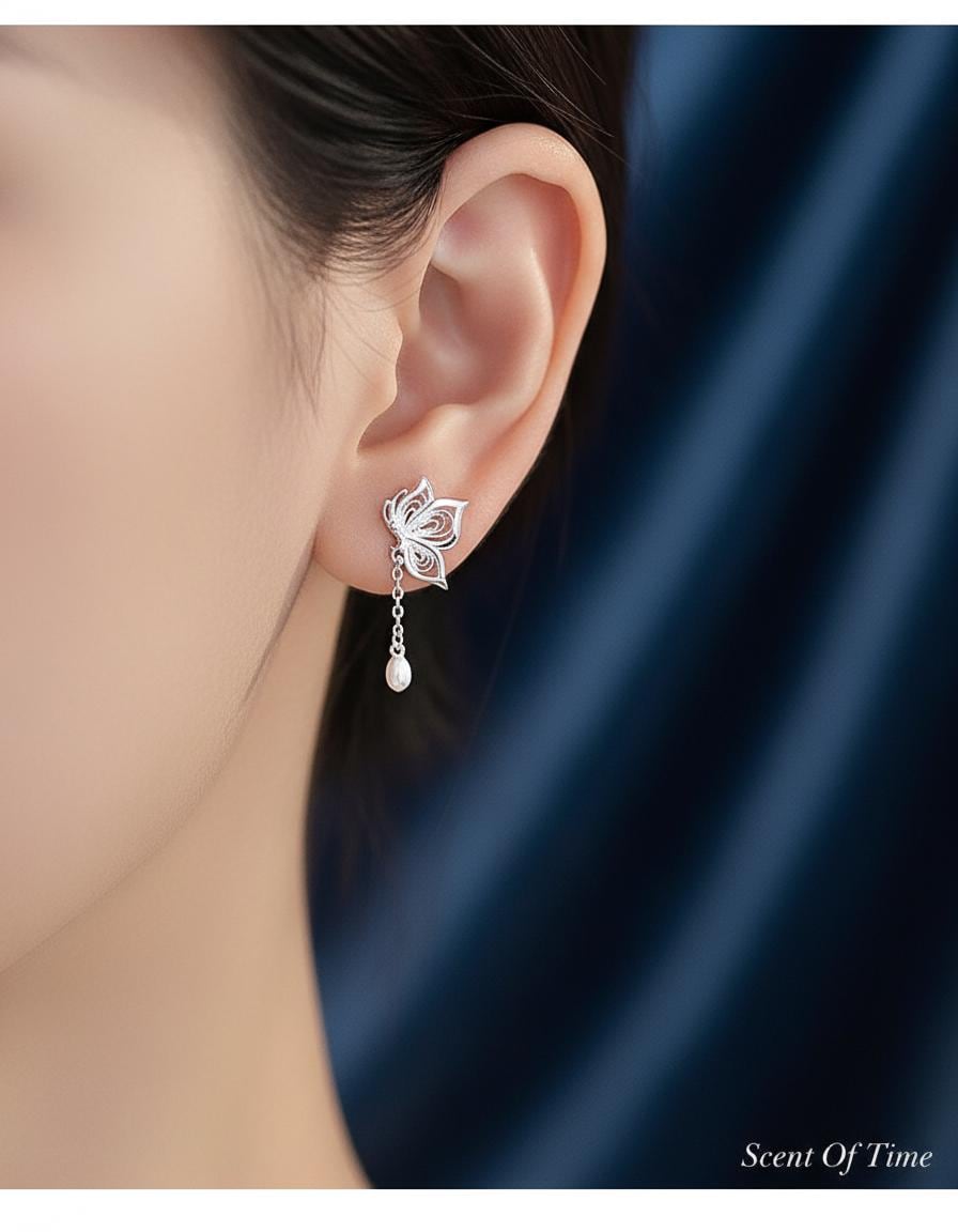 Pure Silver Filigree Butterfly Drop Earrings | Delicate Boho Nature Jewelry Bridesmaid Gift For Her