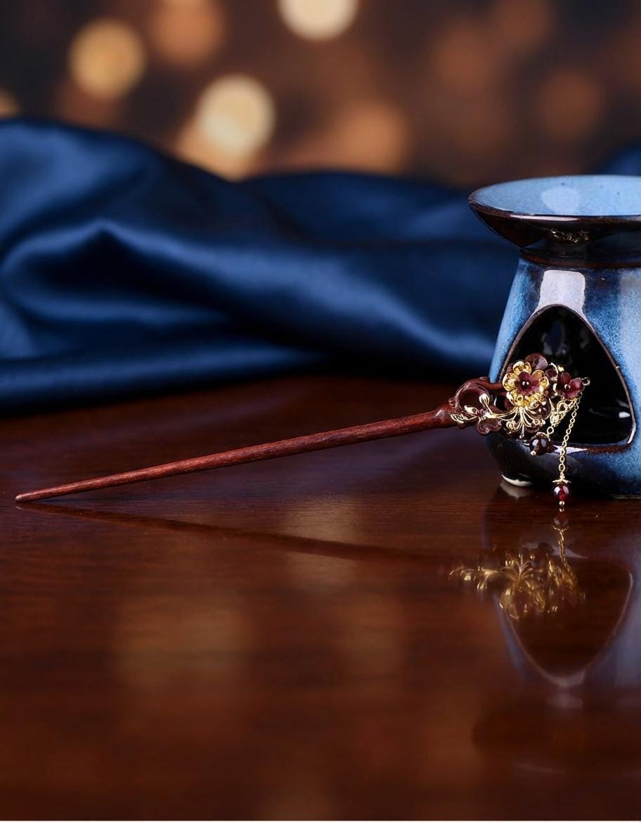Decorative hair stick with intricate design on a reflective surface, blurred blue fabric in the background