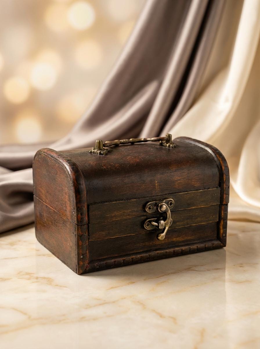 Vintage Wooden Treasure Chest: Antique Jewelry Box with Brass Hardware