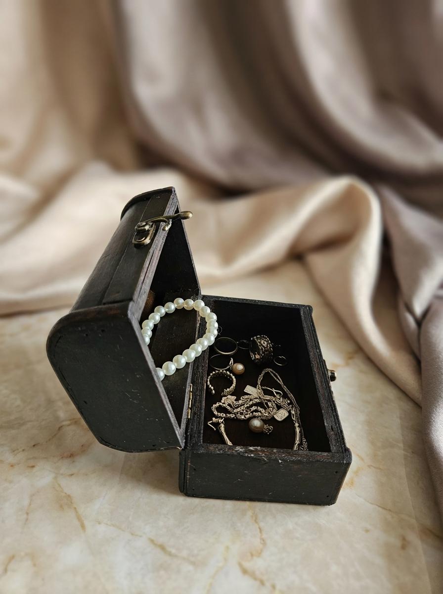Vintage Wooden Treasure Chest: Antique Jewelry Box with Brass Hardware