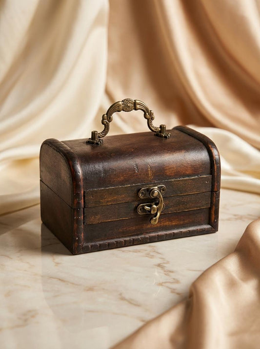 Vintage Wooden Treasure Chest: Antique Jewelry Box with Brass Hardware