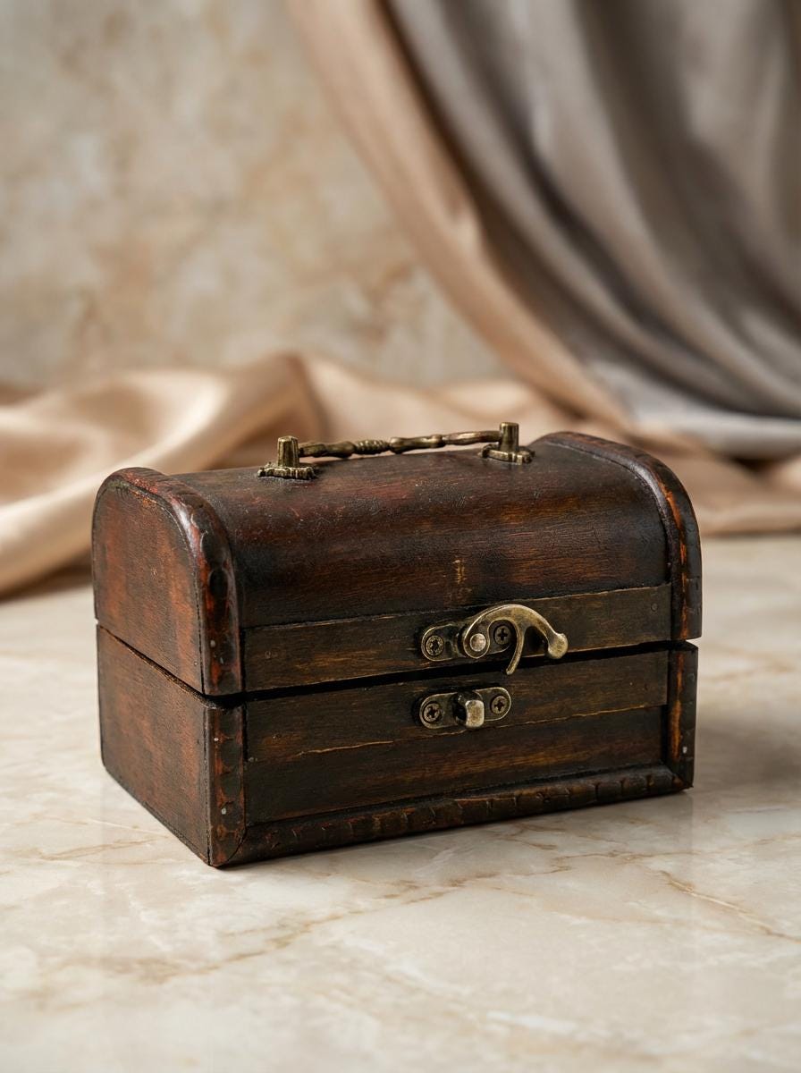 Vintage Wooden Treasure Chest: Antique Jewelry Box with Brass Hardware