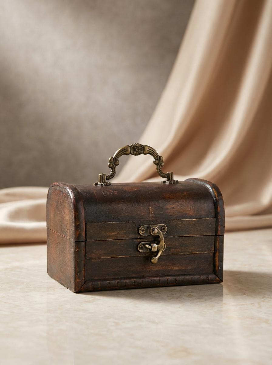 Vintage Wooden Treasure Chest: Antique Jewelry Box with Brass Hardware