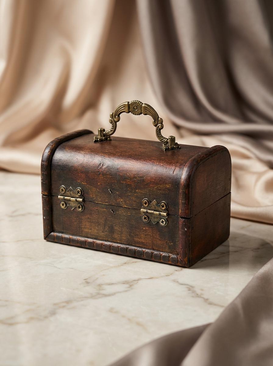 Vintage Wooden Treasure Chest: Antique Jewelry Box with Brass Hardware