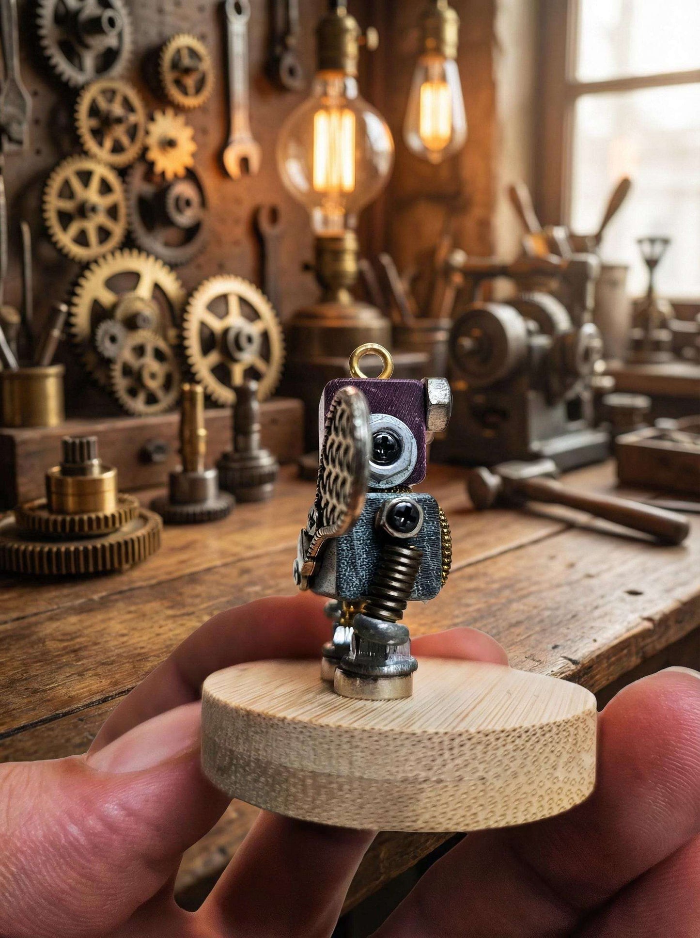 Handmade Steampunk Robot Figurine – Miniature Industrial Desk Art | Birthday Gift