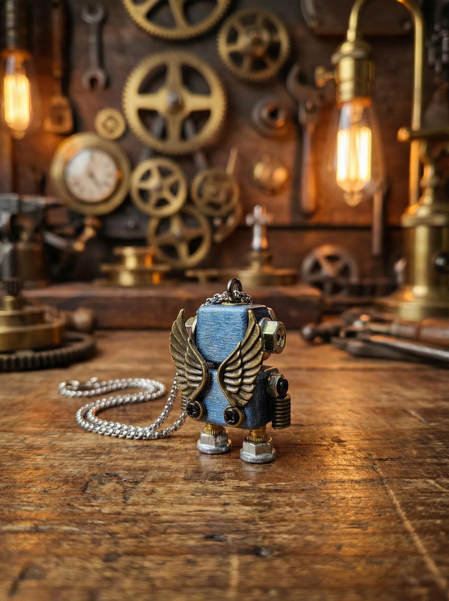 Handmade Steampunk Robot Necklace: Wood & Metal Industrial Pendant