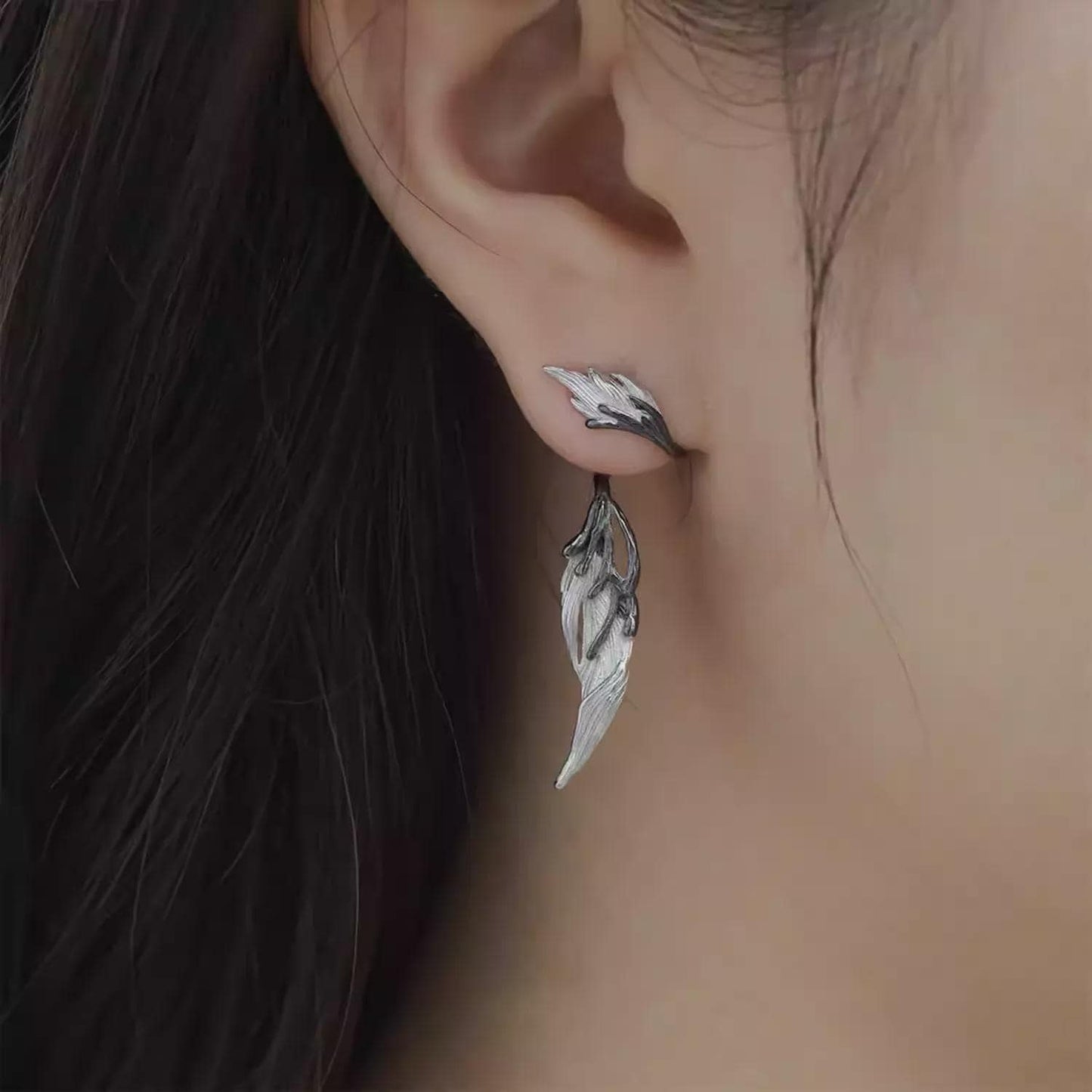 925 Sterling Silver Feather Earrings: Black Enamel Gothic Dangle
