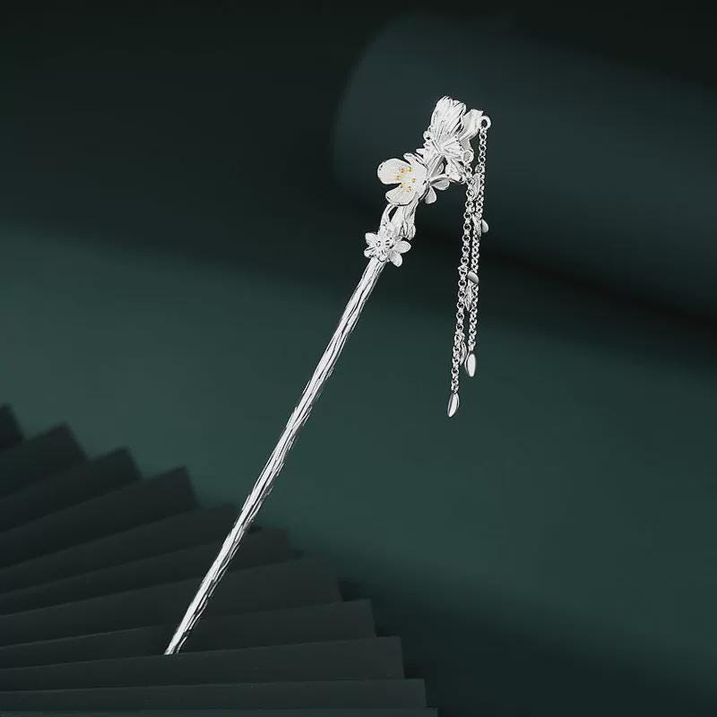 S925 Silver Butterfly Flower Hair Stick | Hanfu Tassel Hairpin