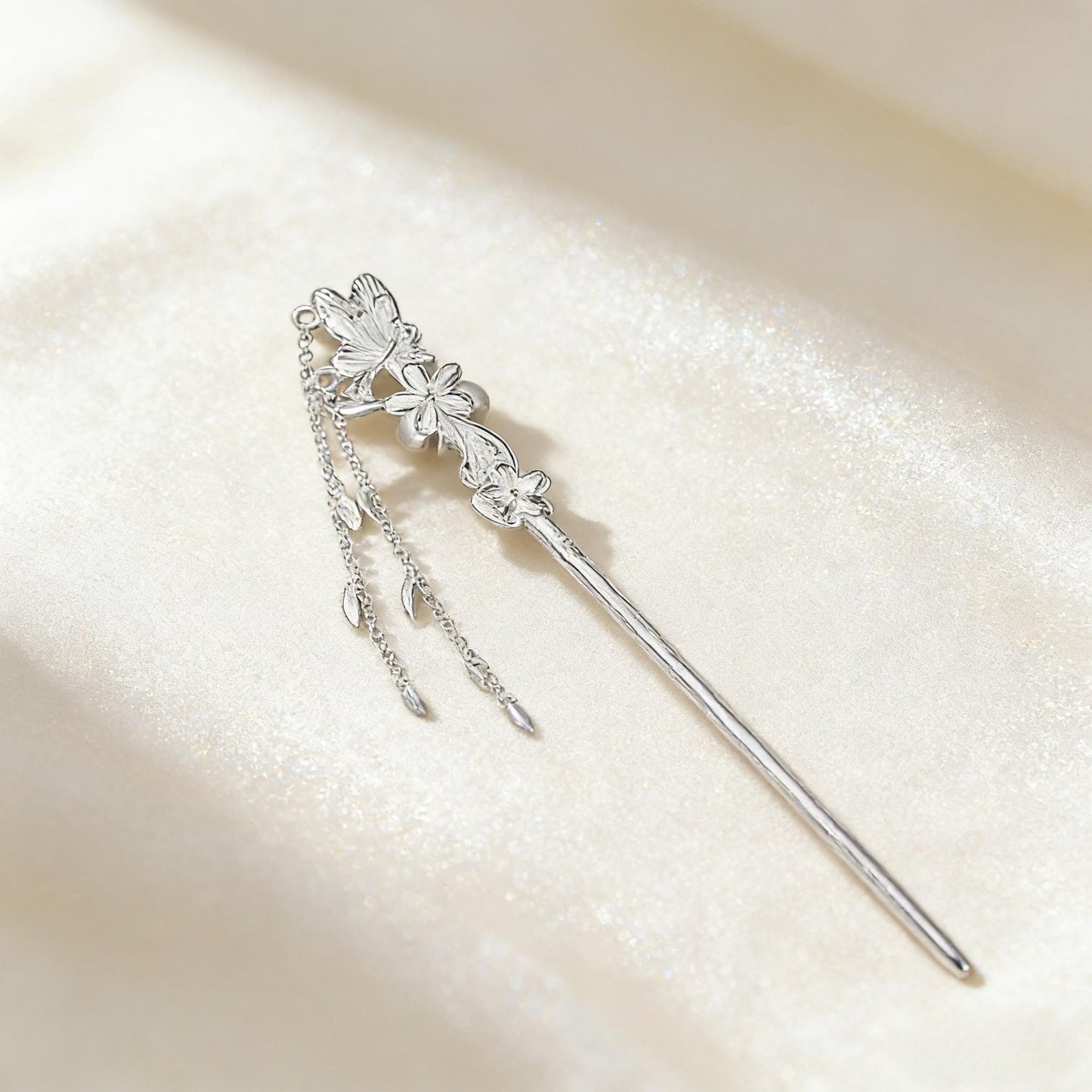 S925 Silver Butterfly Flower Hair Stick | Hanfu Tassel Hairpin