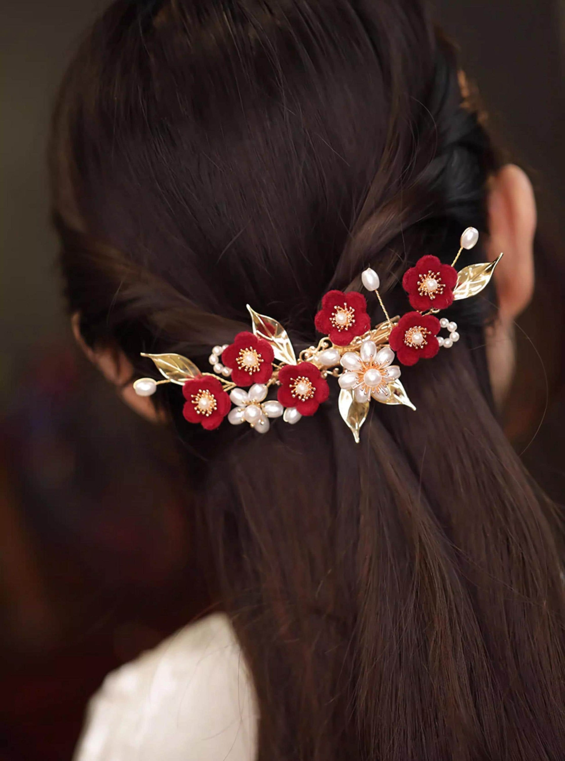 Red Poppy Ronghua Velvet Flower Hair Clip in a person's hair
