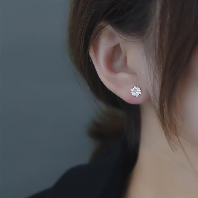 S999 Sterling Silver Snowflake Stud Earrings, Tiny Zircon Winter Jewelry, Minimalist Dainty Studs