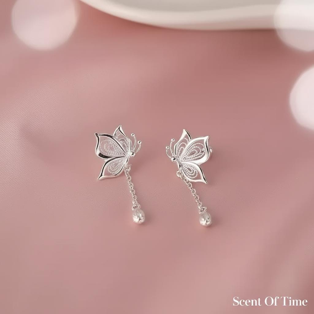 Pure Silver Filigree Butterfly Drop Earrings | Delicate Boho Nature Jewelry Bridesmaid Gift For Her