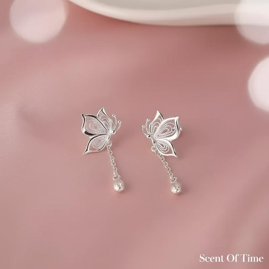 Pure Silver Filigree Butterfly Drop Earrings | Delicate Boho Nature Jewelry Bridesmaid Gift For Her