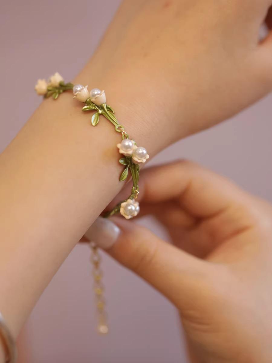 Lily of the Valley Bracelet | Hand-Enameled Botanical Bridal Jewelry Gift For Her - Scent Of Time