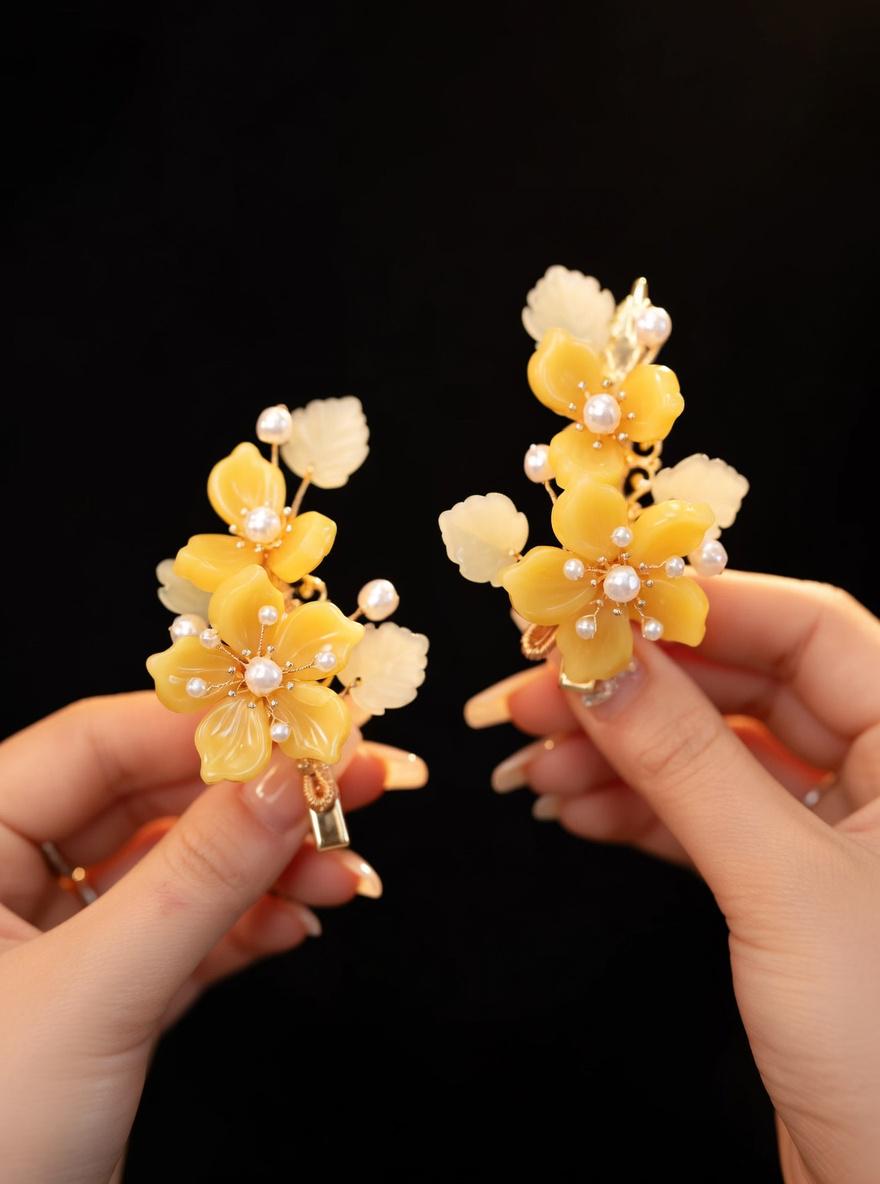 Floral Hair Clips with Pearls and Jade | Bridal Wedding Accessories - Gift For Her - Scent Of Time