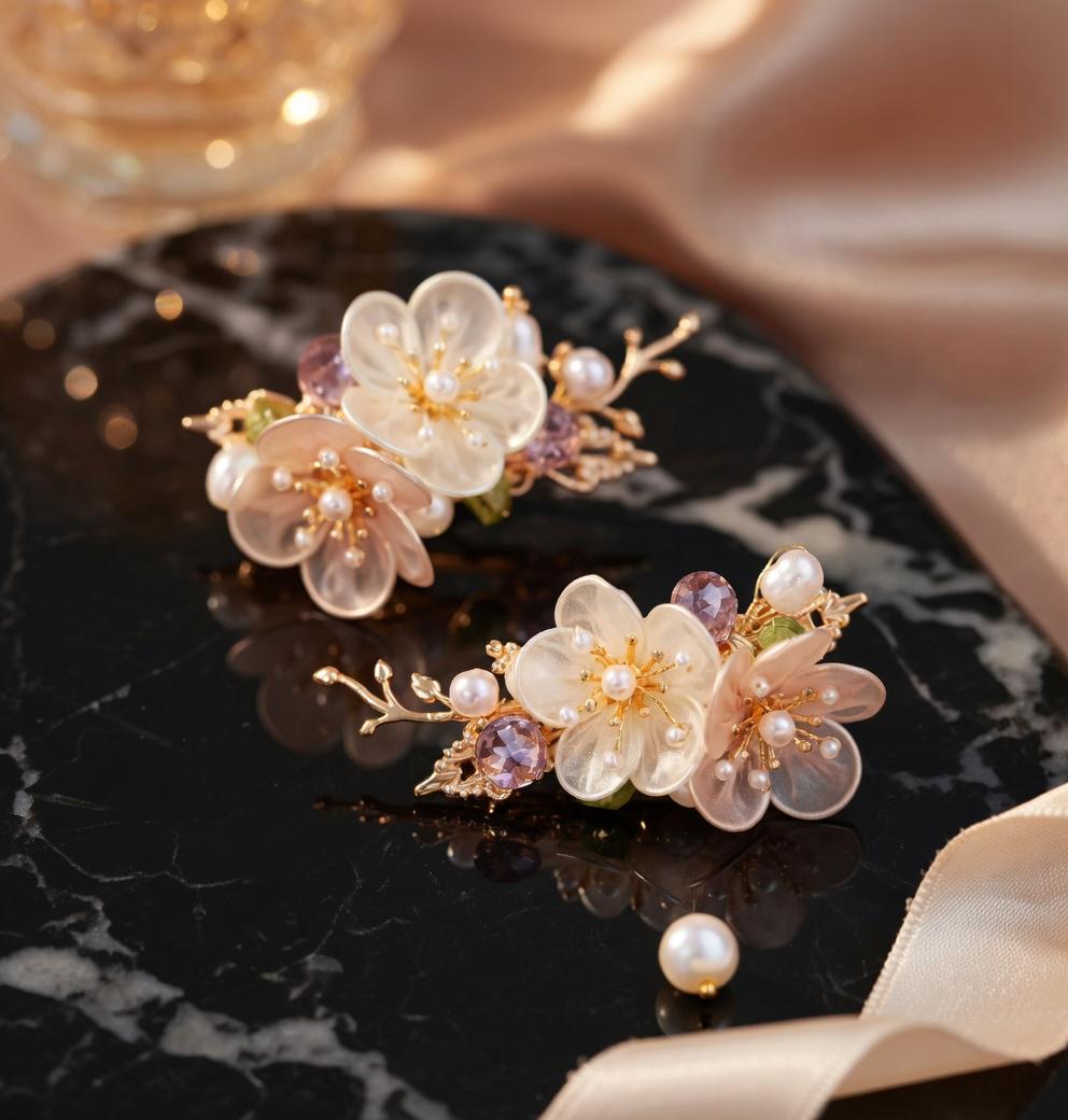Floral Hair Clips with Pearls and Jade | Bridal Wedding Accessories - Gift For Her - Scent Of Time