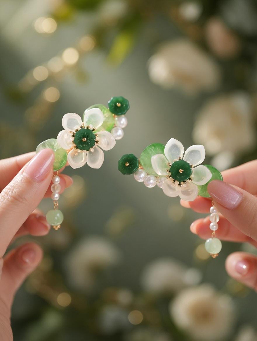Floral Hair Clips with Pearls and Jade | Bridal Wedding Accessories - Gift For Her - Scent Of Time