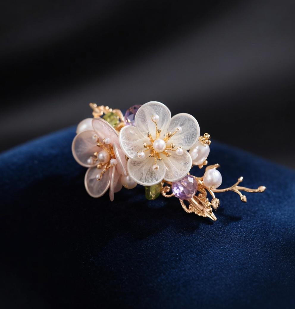 Floral Hair Clips with Pearls and Jade | Bridal Wedding Accessories - Gift For Her - Scent Of Time
