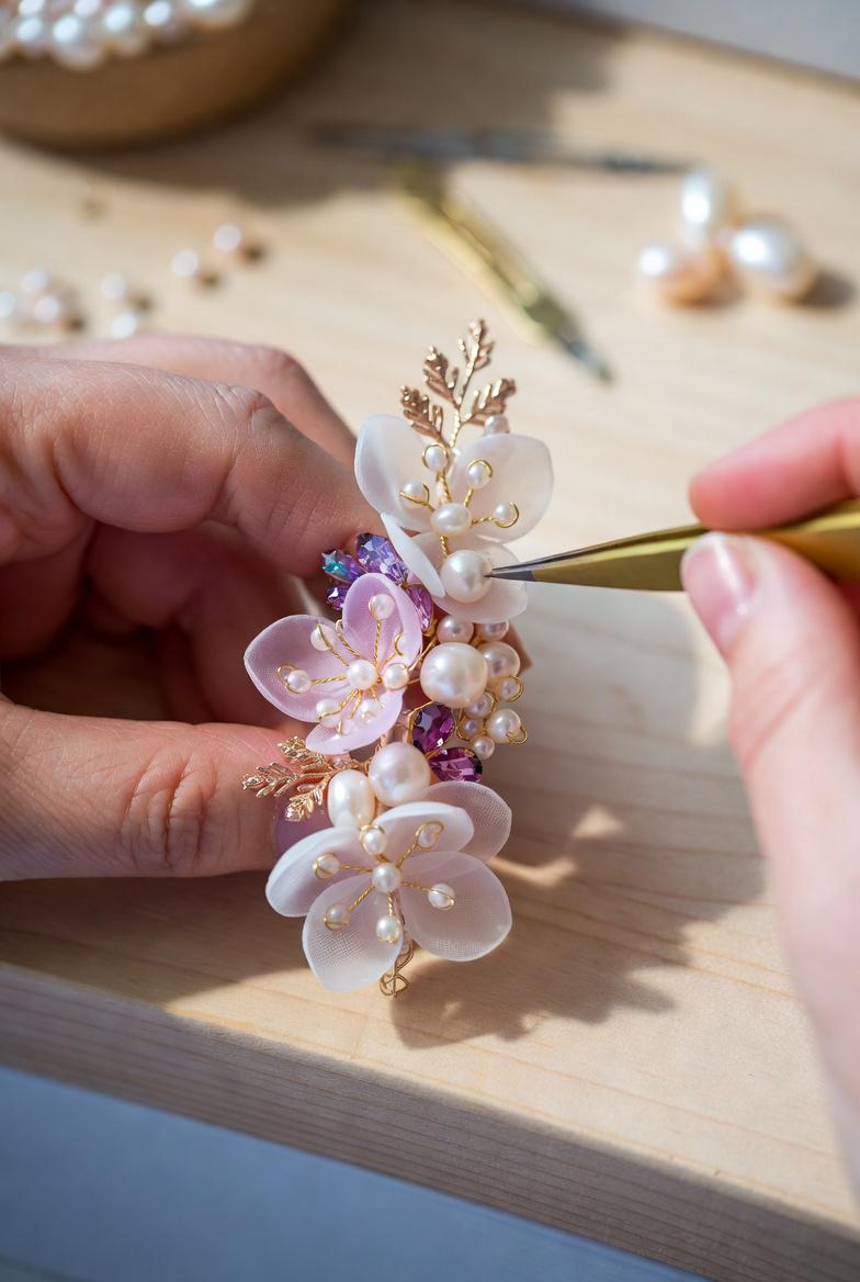 Floral Hair Clips with Pearls and Jade | Bridal Wedding Accessories - Gift For Her