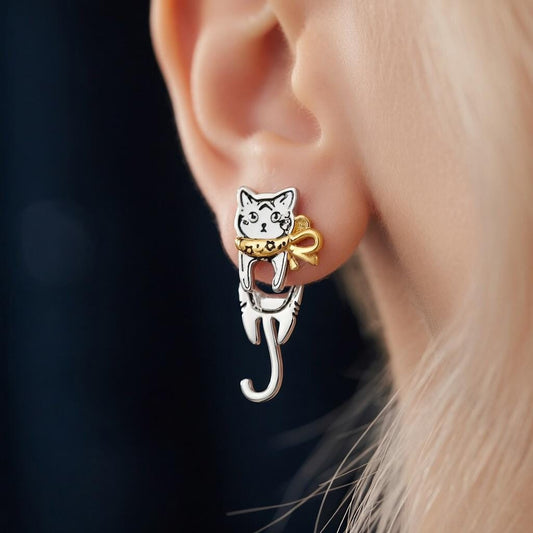 Handmade Cat Dangle Earrings | White Enamel, Gold Accents, Bow and Fish | Gift For Her