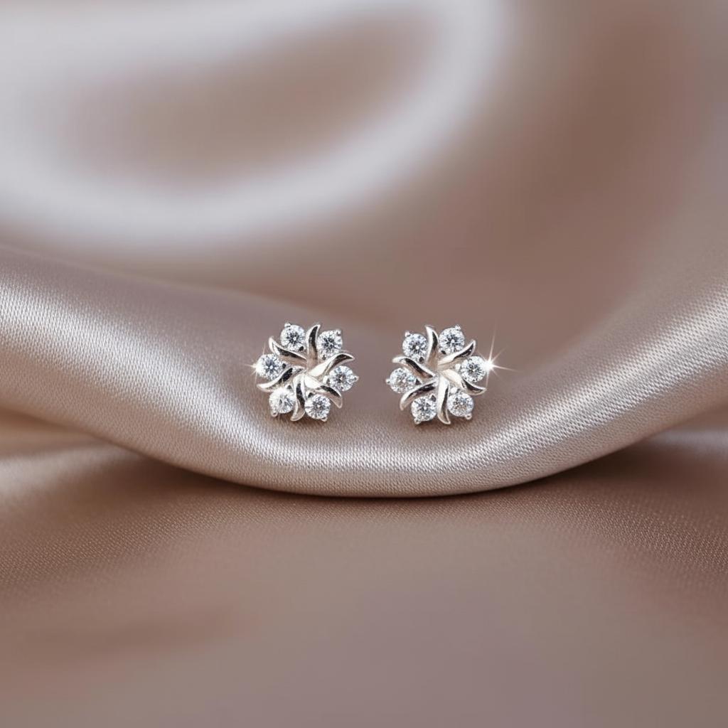 S999 Sterling Silver Snowflake Stud Earrings, Tiny Zircon Winter Jewelry, Minimalist Dainty Studs