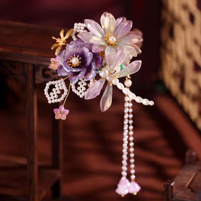 Hanfu Purple Dragonfly Flower Hair Clip – Iridescent Tassel Ancient Chinese Style Barrette - Hair pin - Scent Of Time