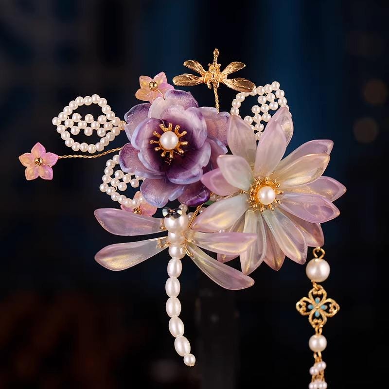 Hanfu Purple Dragonfly Flower Hair Clip – Iridescent Tassel Ancient Chinese Style Barrette - Hair pin - Scent Of Time
