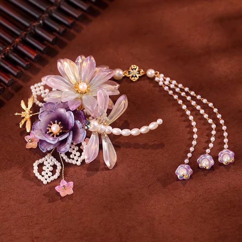 Hanfu Purple Dragonfly Flower Hair Clip – Iridescent Tassel Ancient Chinese Style Barrette - Hair pin - Scent Of Time