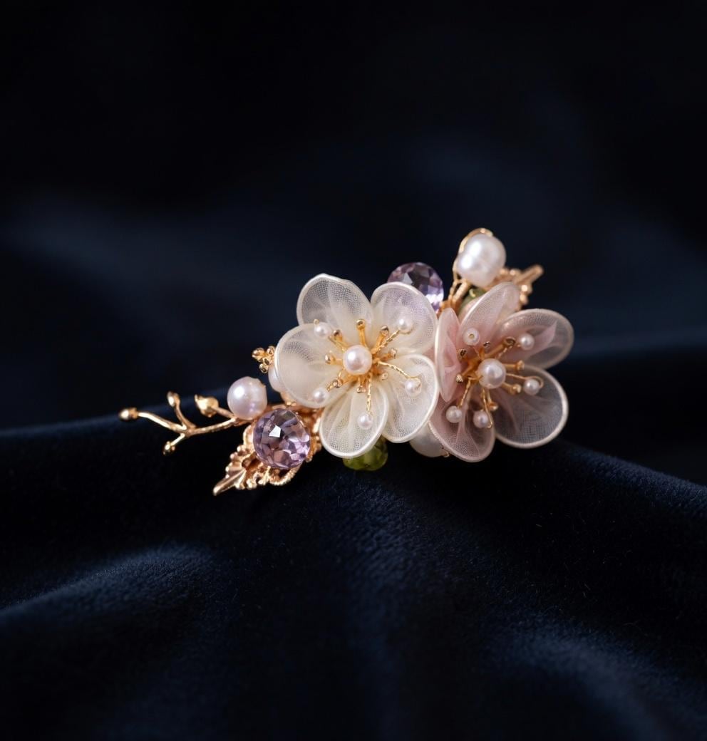 Floral Hair Clips with Pearls and Jade | Bridal Wedding Accessories - Gift For Her - Scent Of Time