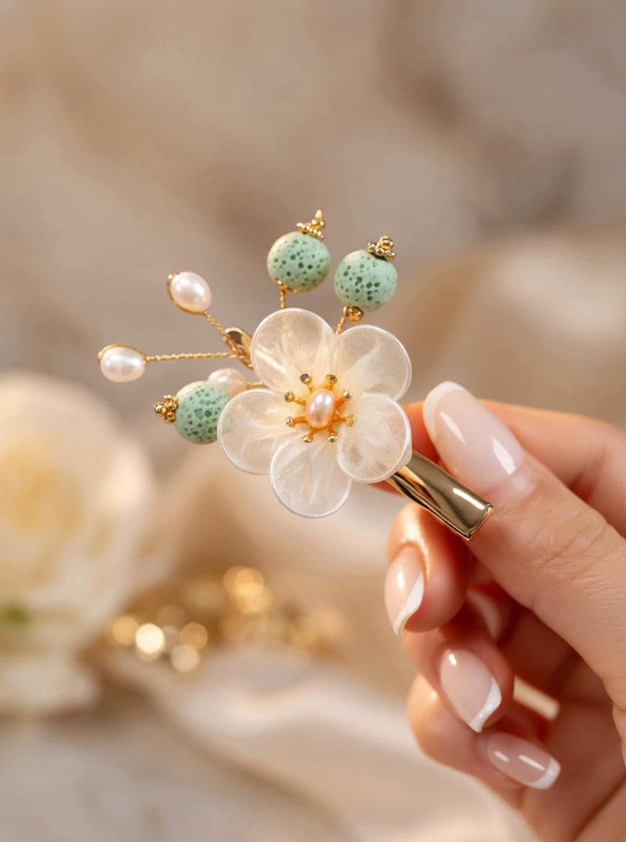 Floral Hair Clips with Pearls and Jade | Bridal Wedding Accessories - Gift For Her - Scent Of Time