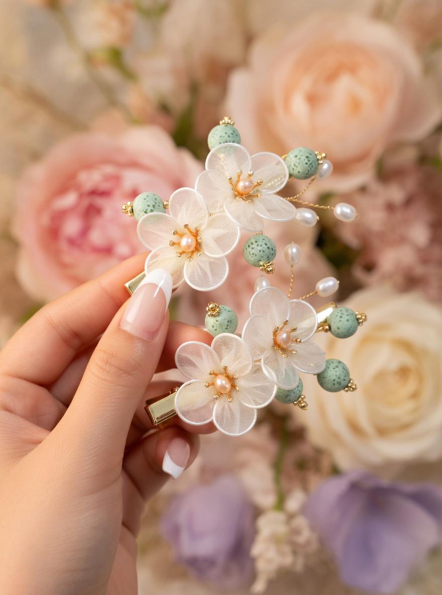 Floral Hair Clips with Pearls and Jade | Bridal Wedding Accessories - Gift For Her - Scent Of Time