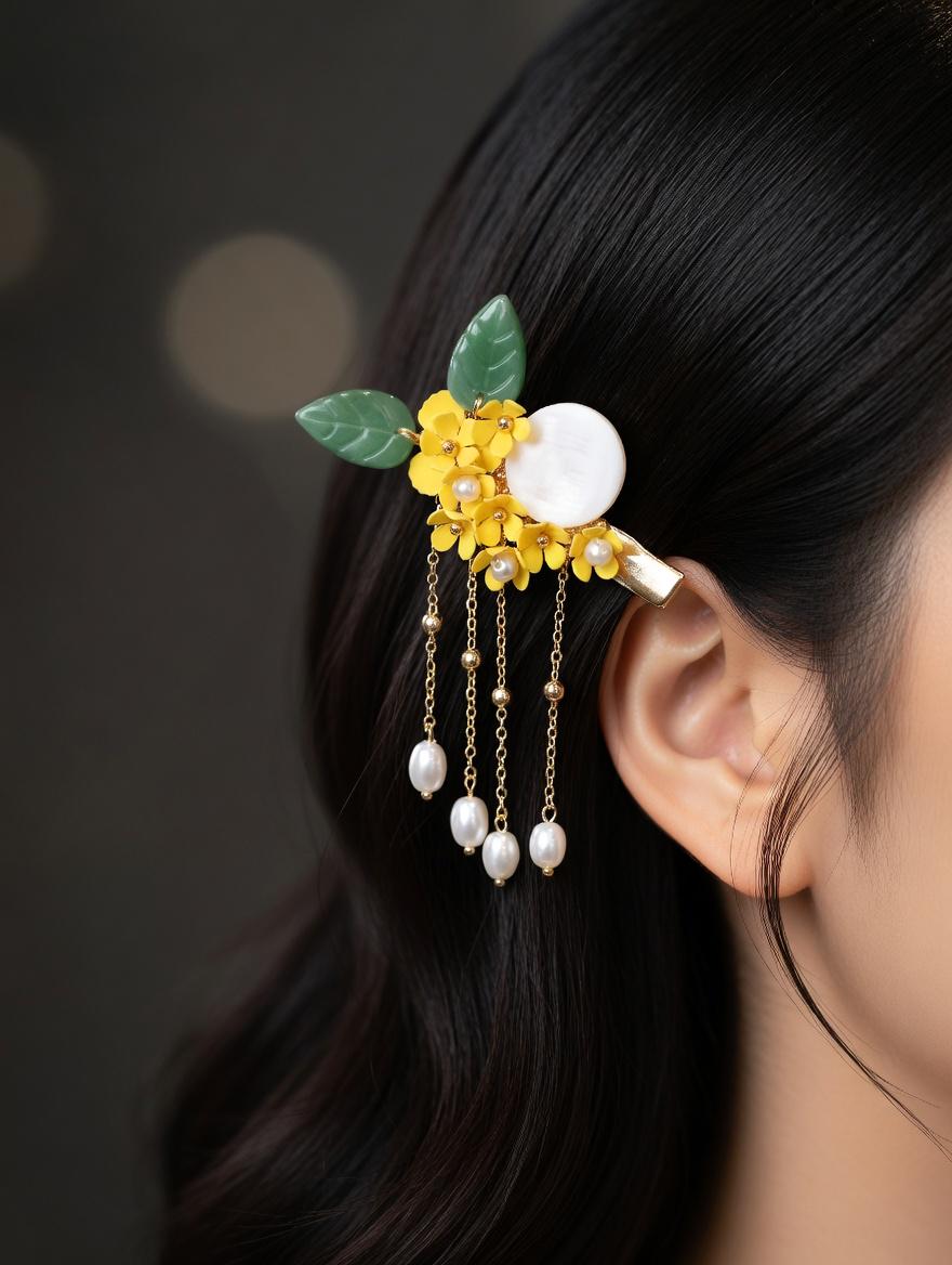 Floral Hair Clips with Pearls and Jade | Bridal Wedding Accessories - Gift For Her