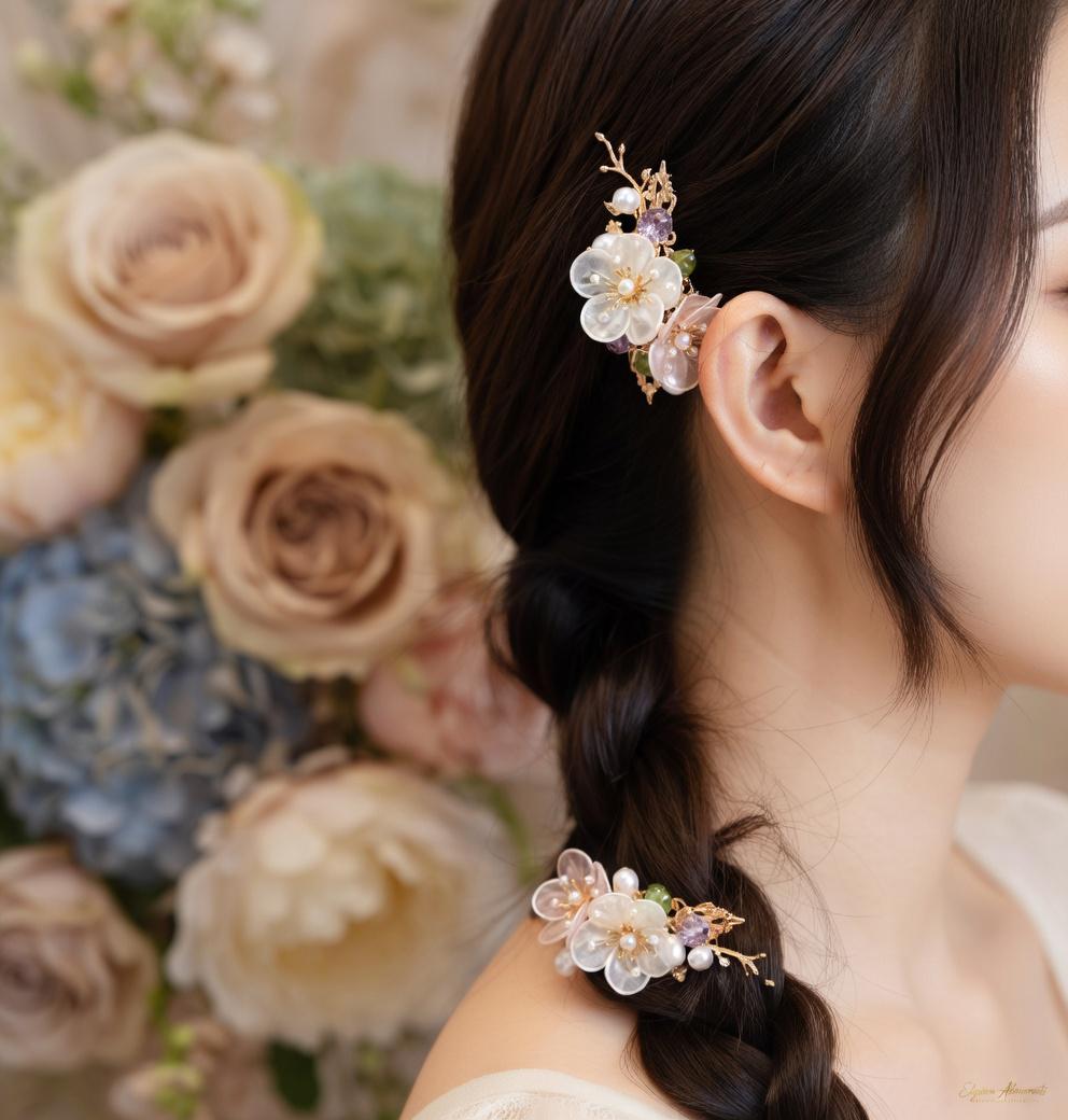 Floral Hair Clips with Pearls and Jade | Bridal Wedding Accessories - Gift For Her