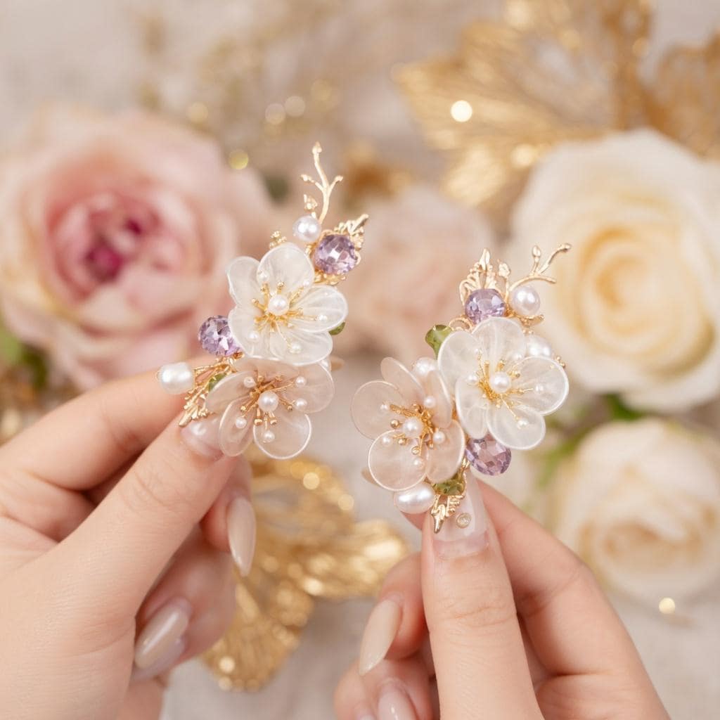 Floral Hair Clips with Pearls and Jade | Bridal Wedding Accessories - Gift For Her