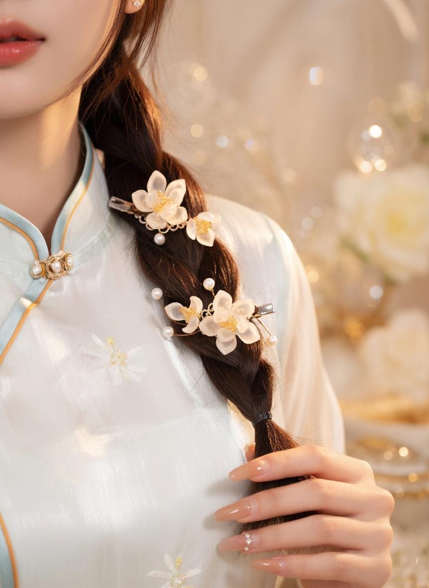 Floral Hair Clips with Pearls and Jade | Bridal Wedding Accessories - Gift For Her - Scent Of Time