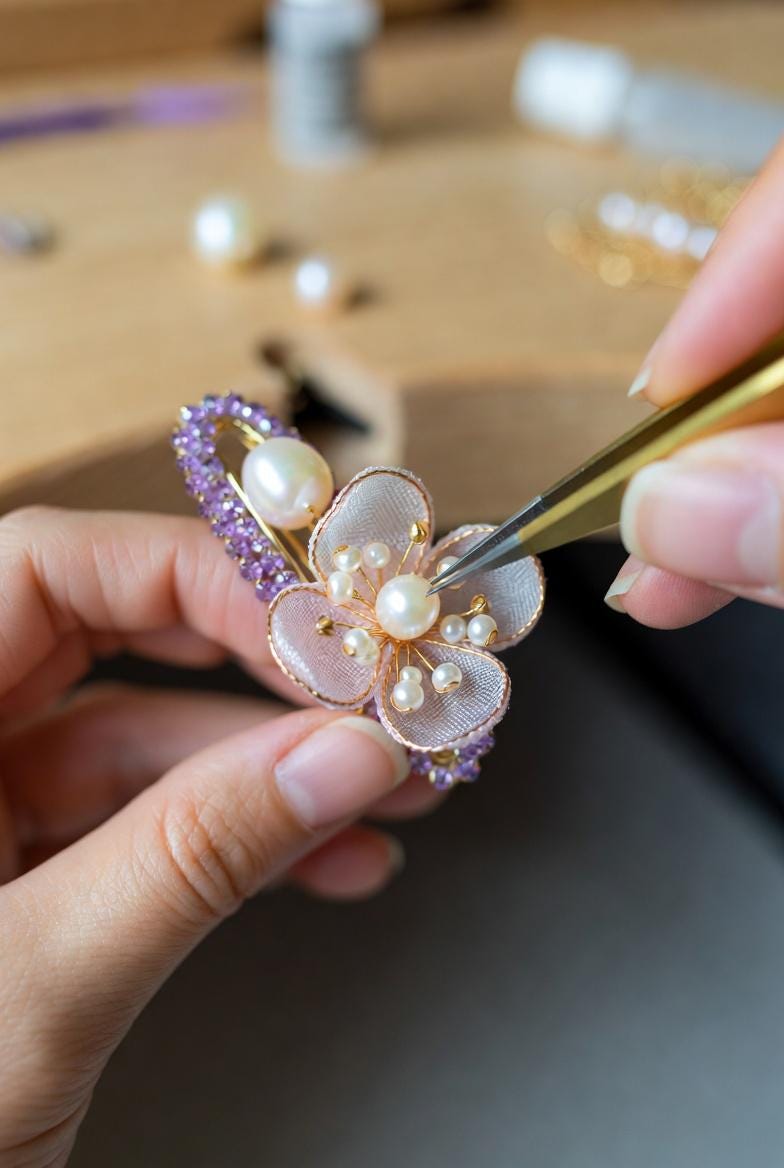 Floral Hair Clips with Pearls and Jade | Bridal Wedding Accessories - Gift For Her