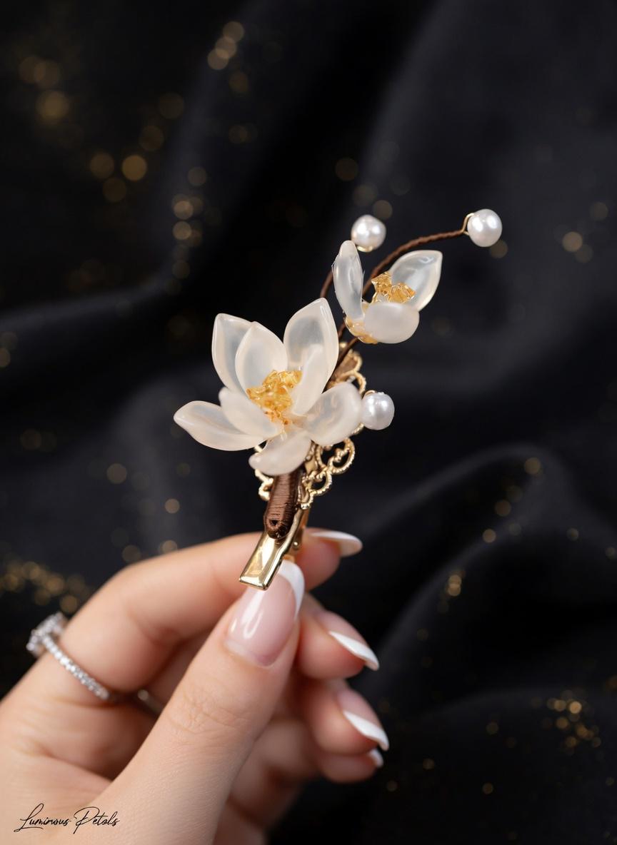 Floral Hair Clips with Pearls and Jade | Bridal Wedding Accessories - Gift For Her - Scent Of Time