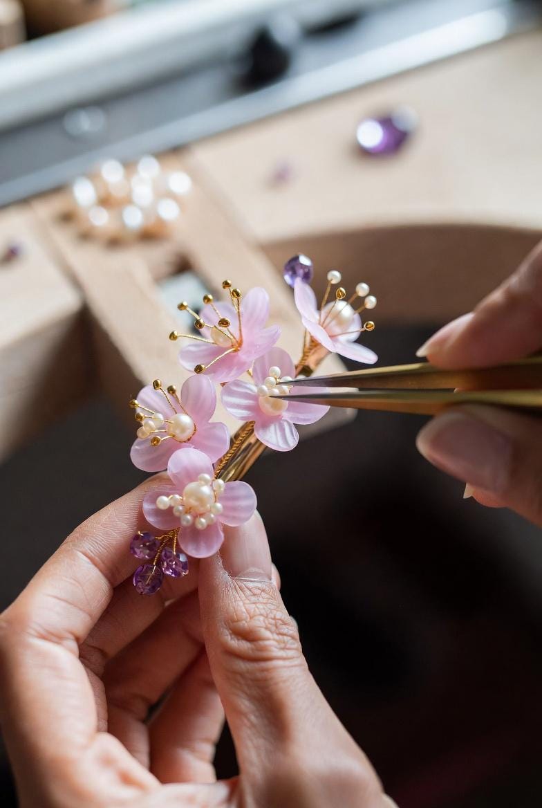 Floral Hair Clips with Pearls and Jade | Bridal Wedding Accessories - Gift For Her