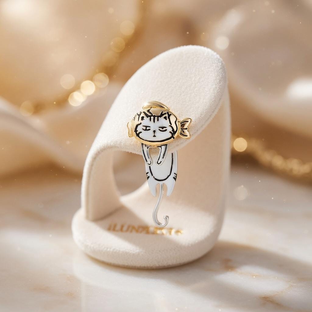 Handmade Cat Dangle Earrings | White Enamel, Gold Accents, Bow and Fish | Gift For Her