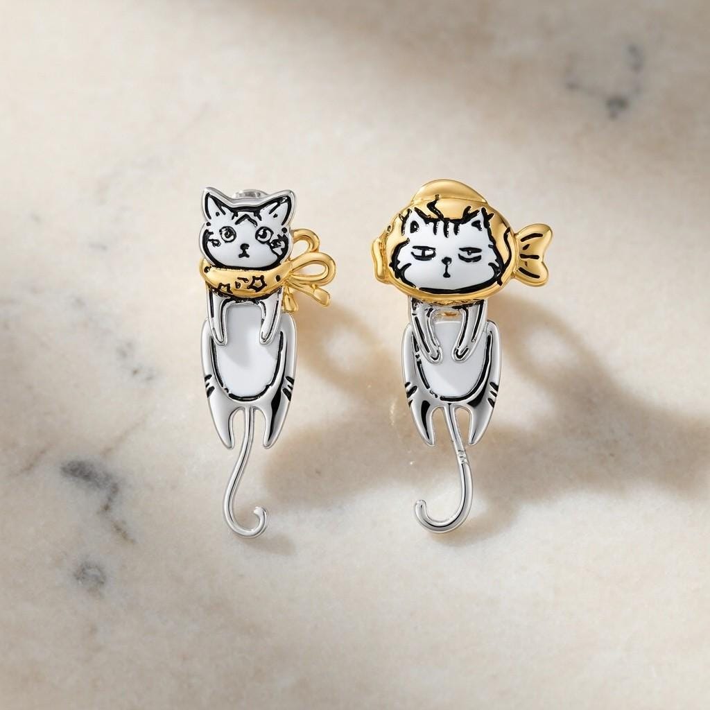 Handmade Cat Dangle Earrings | White Enamel, Gold Accents, Bow and Fish | Gift For Her