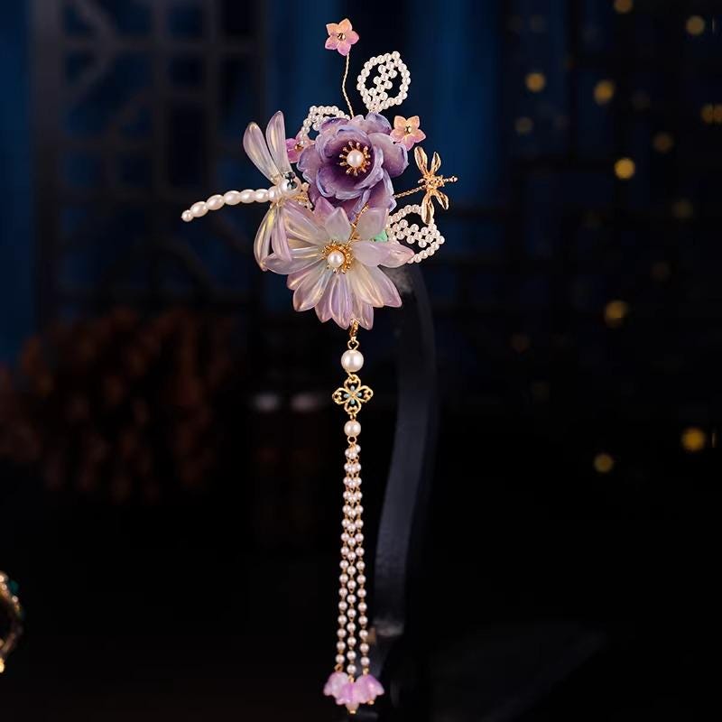Hanfu Purple Dragonfly Flower Hair Clip – Iridescent Tassel Ancient Chinese Style Barrette - Hair pin - Scent Of Time
