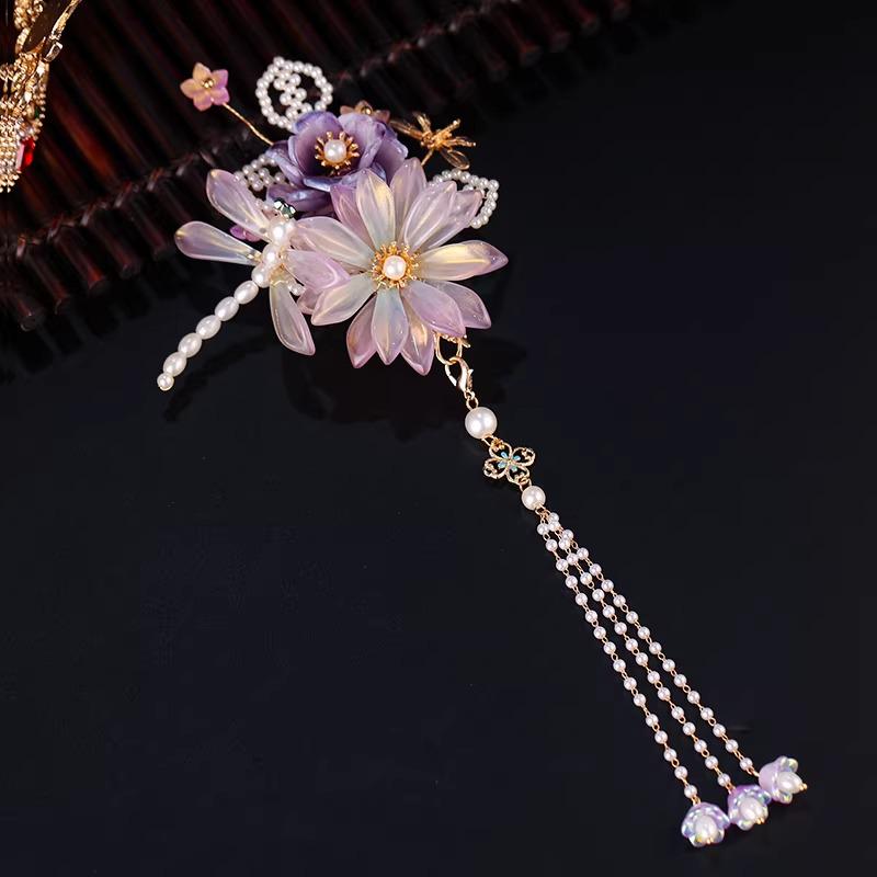 Hanfu Purple Dragonfly Flower Hair Clip – Iridescent Tassel Ancient Chinese Style Barrette - Hair pin - Scent Of Time