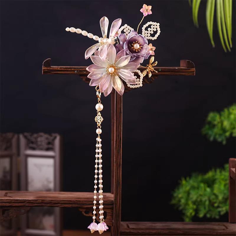Hanfu Purple Dragonfly Flower Hair Clip – Iridescent Tassel Ancient Chinese Style Barrette - Hair pin - Scent Of Time