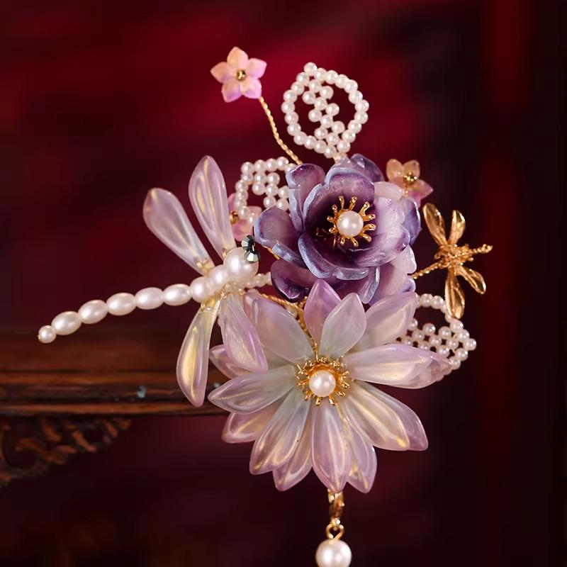 Hanfu Purple Dragonfly Flower Hair Clip – Iridescent Tassel Ancient Chinese Style Barrette - Hair pin - Scent Of Time