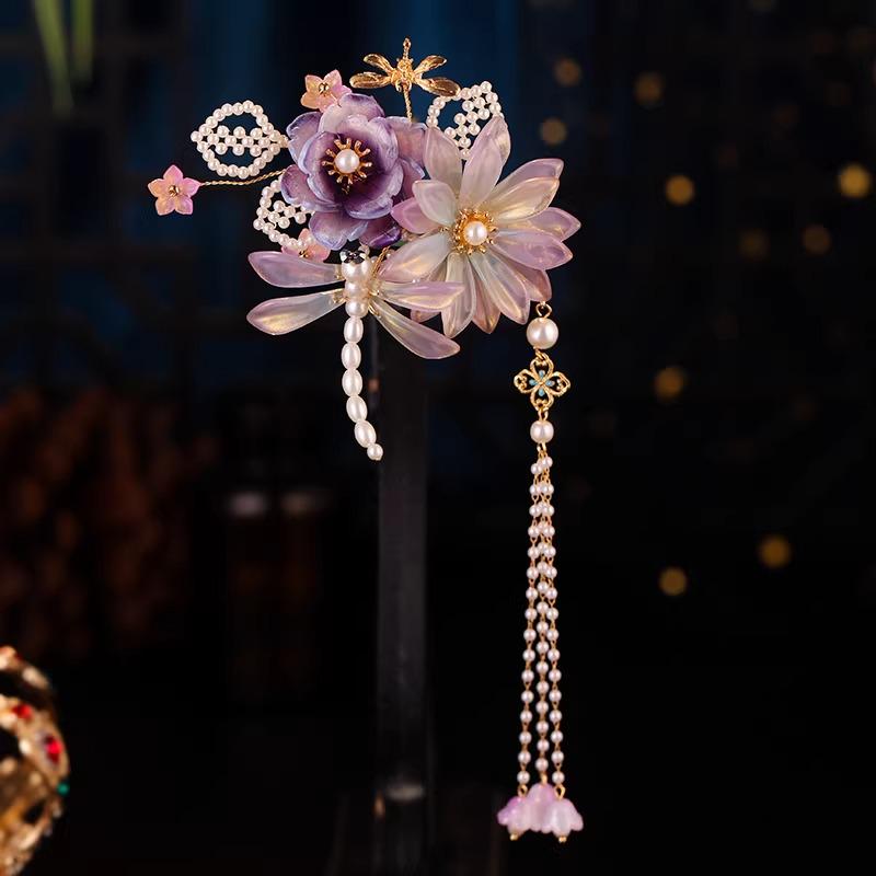 Hanfu Purple Dragonfly Flower Hair Clip – Iridescent Tassel Ancient Chinese Style Barrette - Hair pin - Scent Of Time