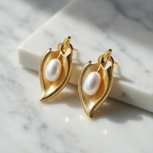 Brushed Gold Leaf Pearl Drop Earrings – Vintage Boho Minimalist Jewelry For Women - Scent Of Time