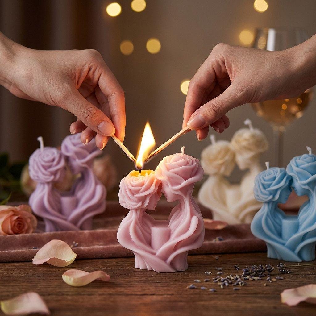 Person lighting a pink candle with other candles and decorative elements in the background.