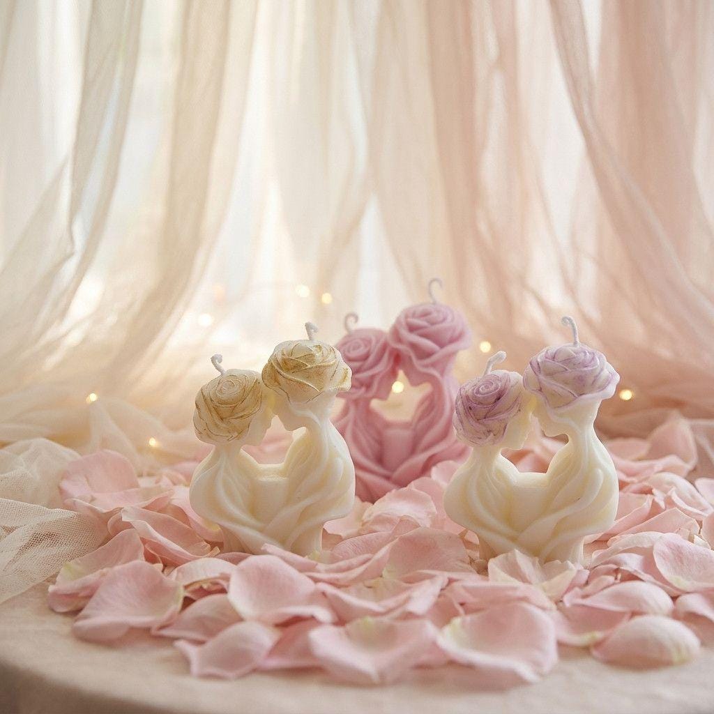Two white figures with floral crowns on a bed of pink petals against a soft, draped curtain background.