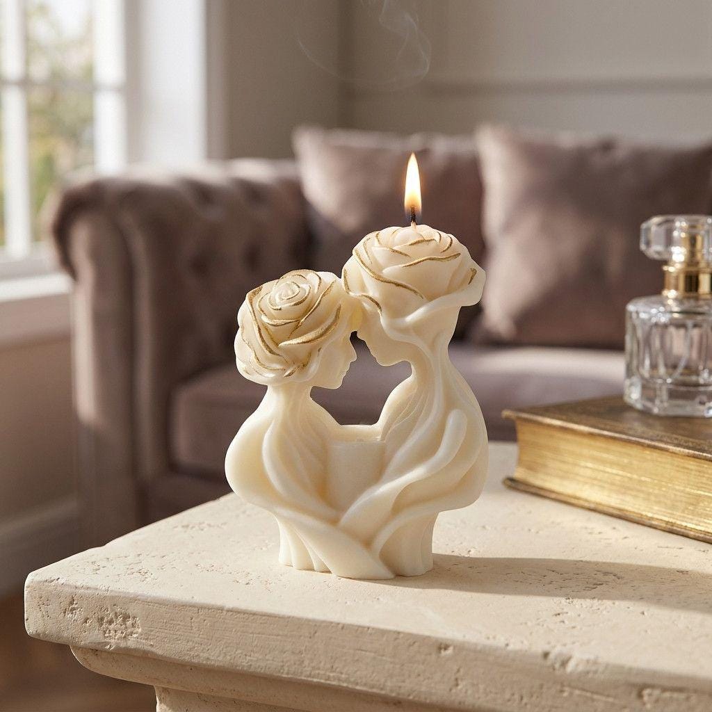 Decorative candle shaped like two faces with a lit candle on a table.